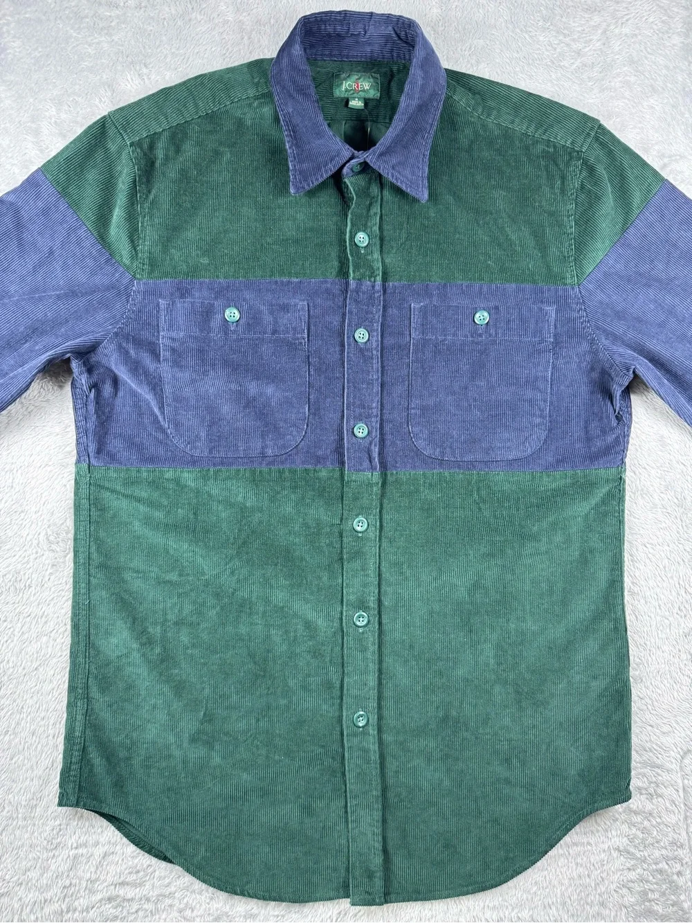 NWT J.Crew Colorblock Corduroy Button Up Shirt Green Blue Small